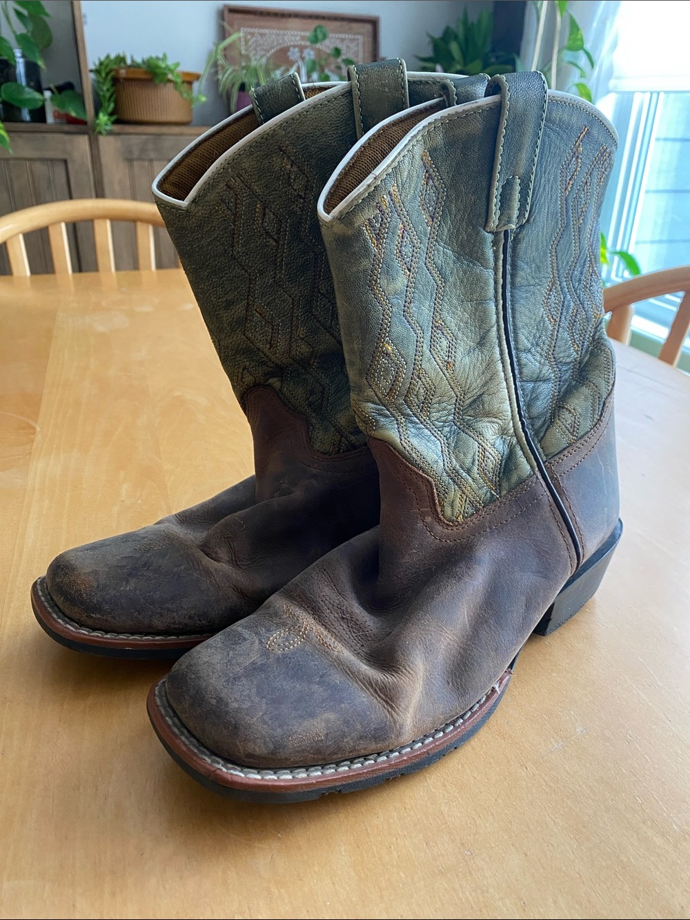 Men's Brown and Green Leather Western Work Boots